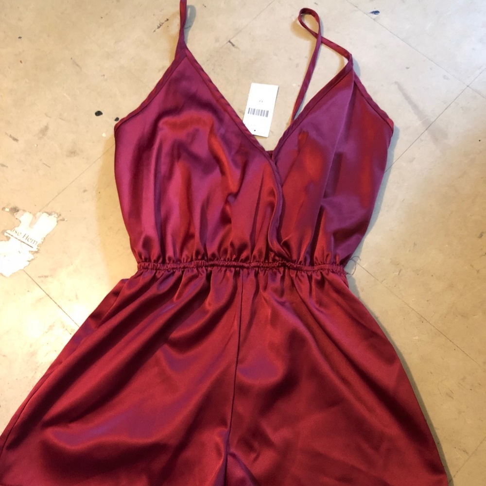 Wine, satin romper.